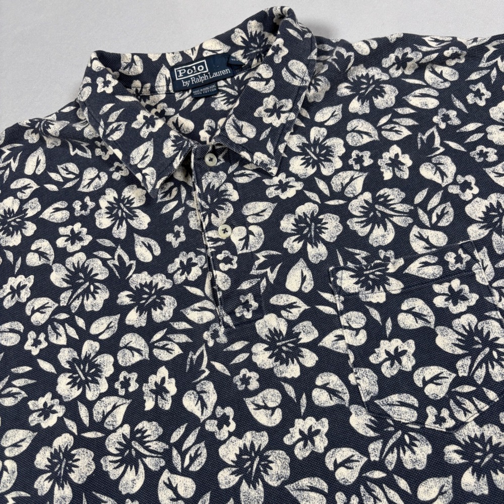 Vintage Polo Ralph Lauren Polo Shirt Mens XXL Navy White Floral Hibiscus Pique